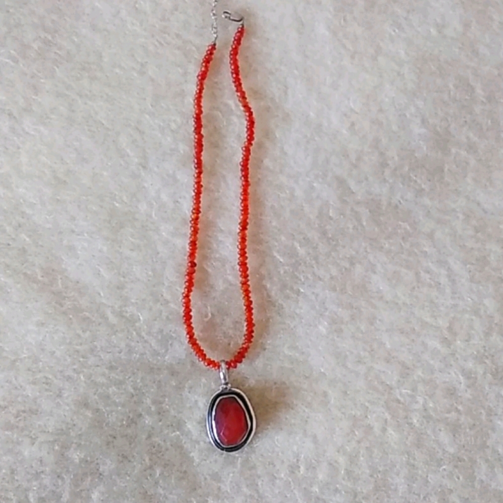 Carnelian and silver pendant and beaded necklace